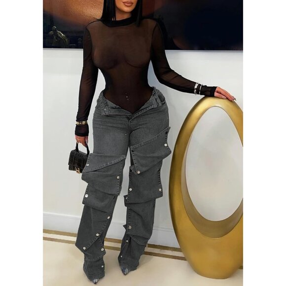 Women Cargo Jeans High Waisted Straight Wide Leg Denim Pants Casual Trendy - Picture 5 of 6